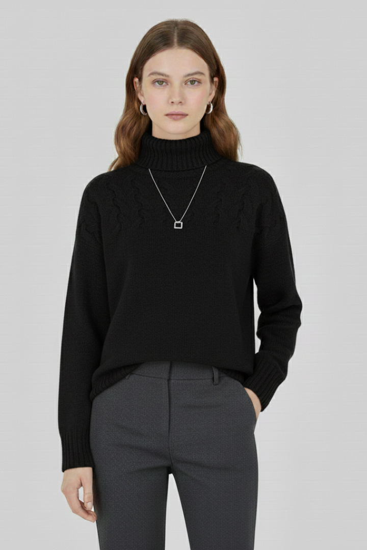 Women's cable knit turtleneck jumper in black with long sleeves