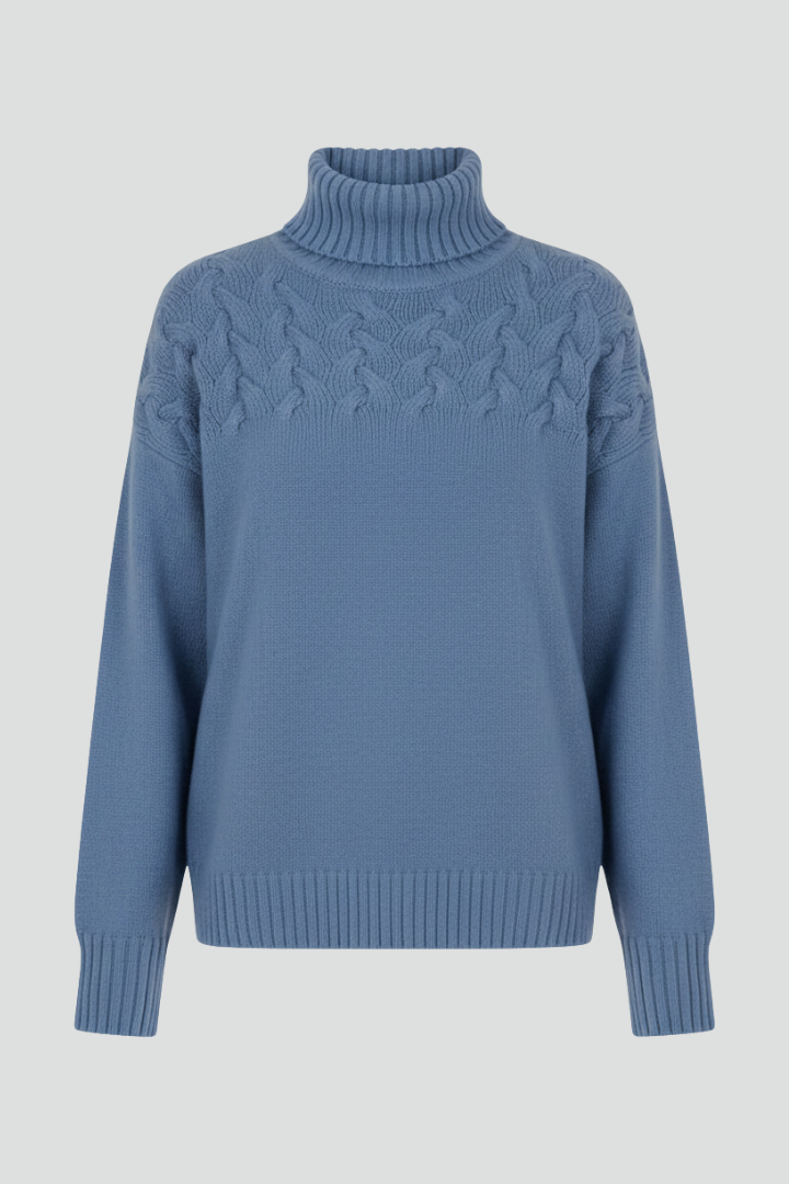 Women's cable knit turtleneck jumper in black with long sleeves