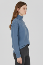 Women's cable knit turtleneck jumper in sky blue with long sleeves