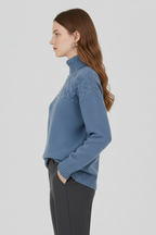 Women's cable knit turtleneck jumper in sky blue with long sleeves