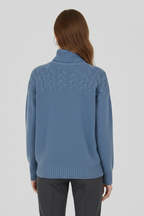 Women's cable knit turtleneck jumper in sky blue with long sleeves