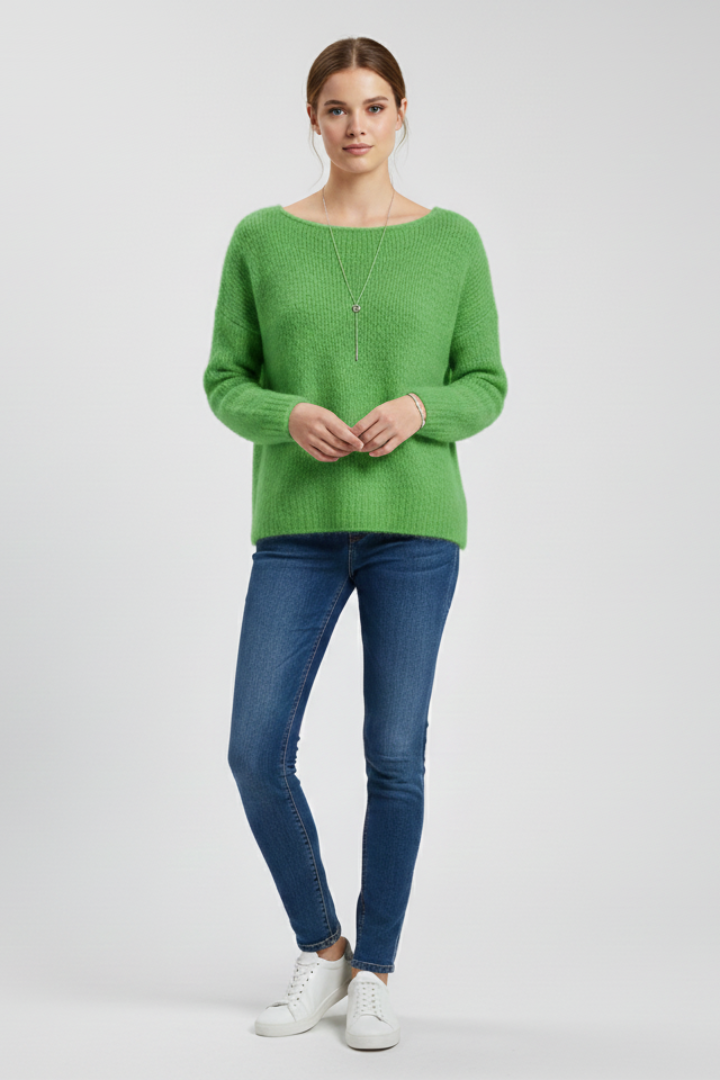 Women's relaxed-fit brushed knit jumper in green with a wide neckline