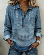 Women's blue cable knit half-button polo jumper