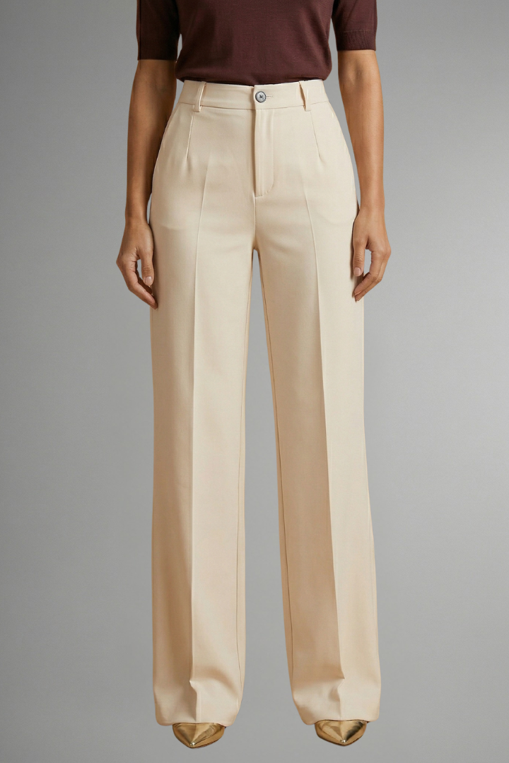 Beige high-waisted pull-on straight-leg trousers, flat-lay product shot