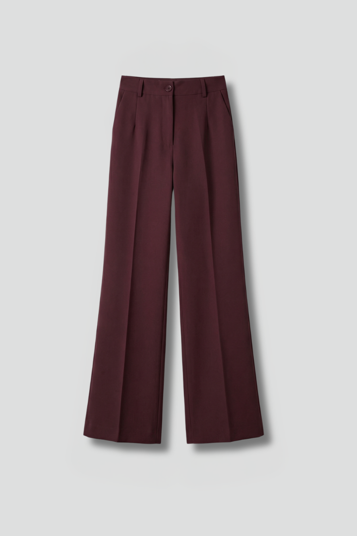 Wine red high-waisted pull-on straight-leg trousers, flat-lay product shot