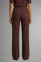 Wine red high-waisted pull-on straight-leg trousers, back view on model
