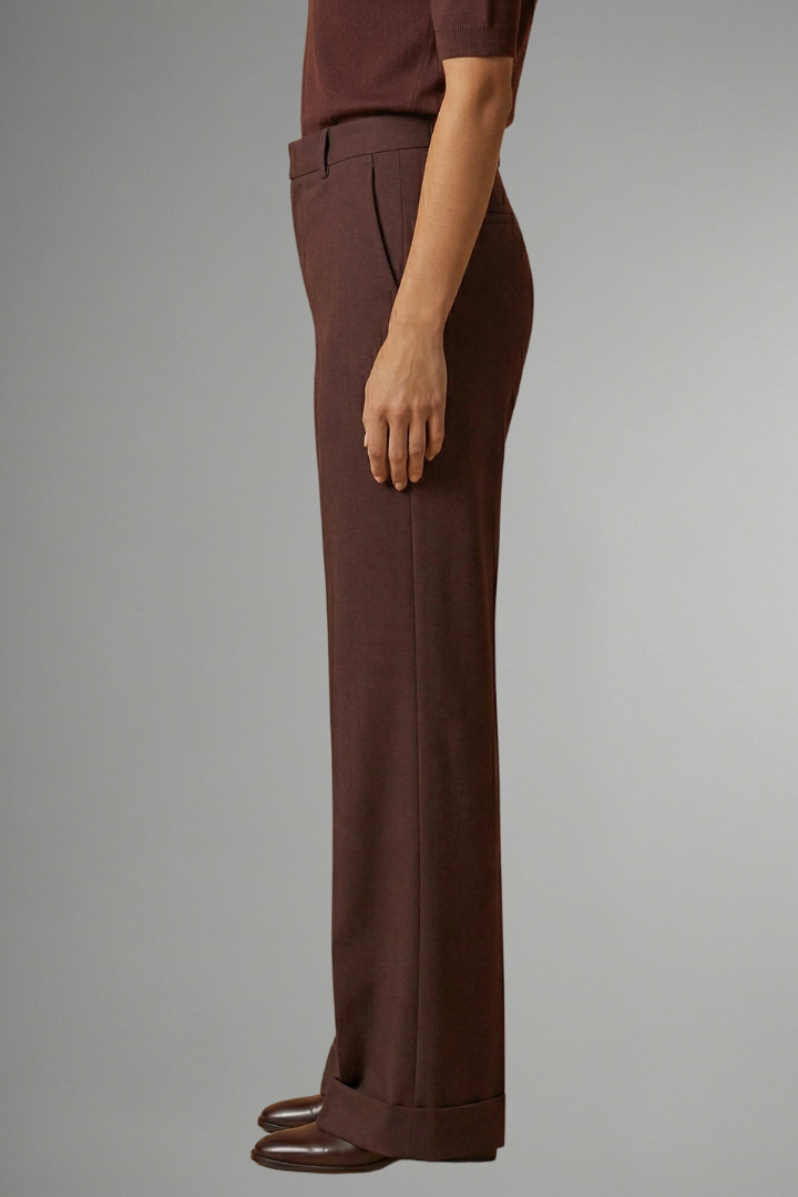 Wine red high-waisted pull-on straight-leg trousers, close-up side view