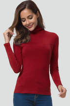 Red roll-neck jumper with long sleeves and a plain design for autumn.