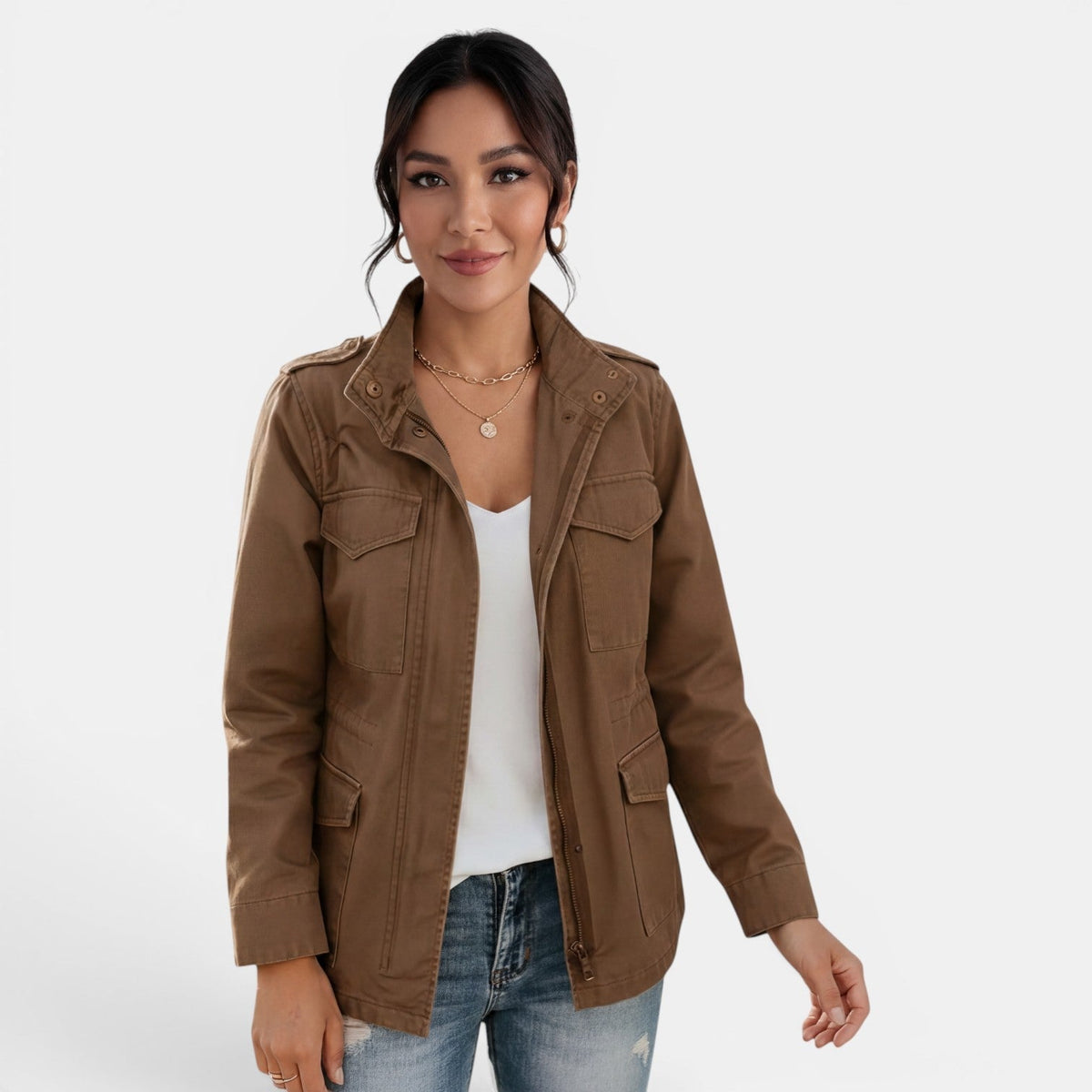 Women's brown relaxed fit utility jacket with epaulettes