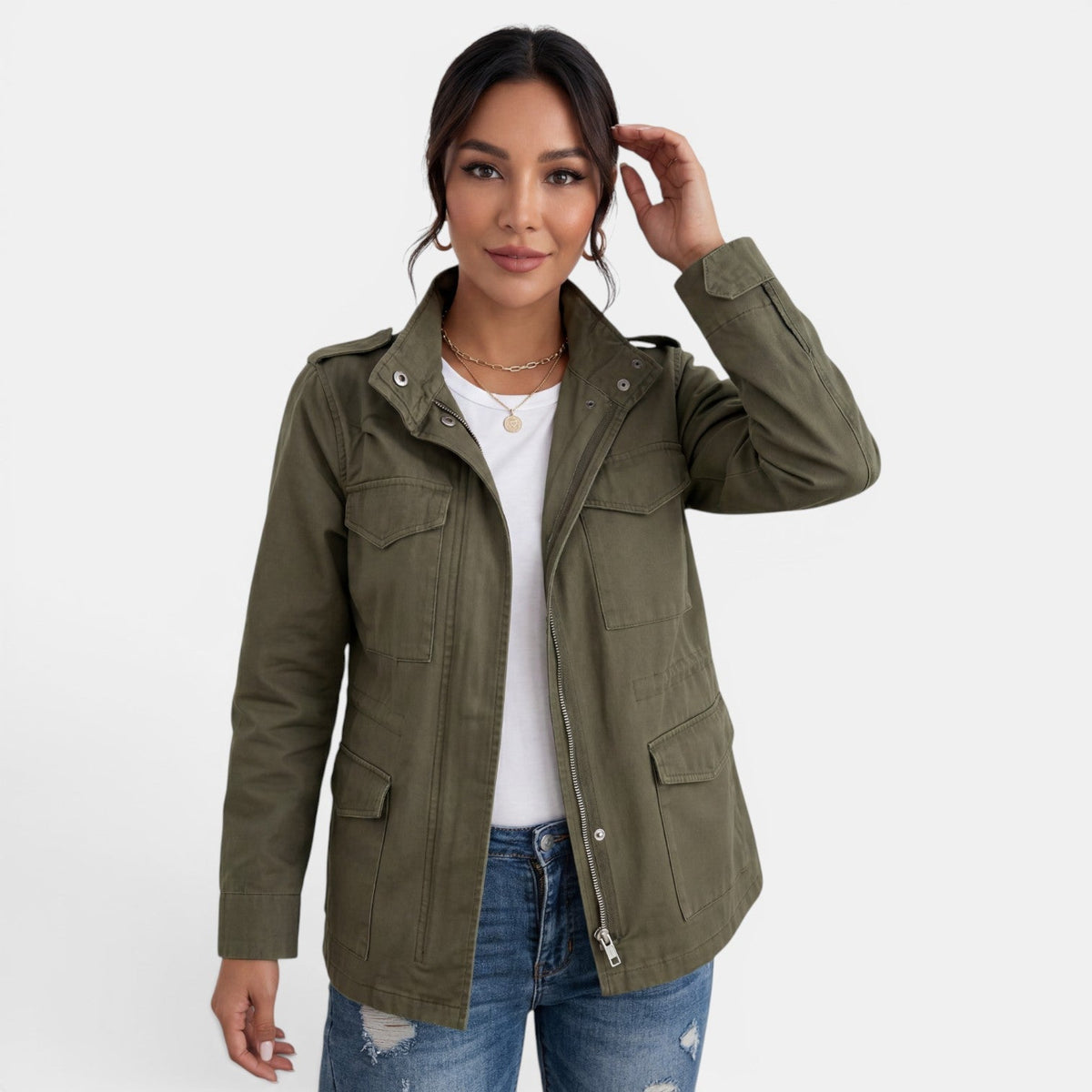 Women's green relaxed fit utility jacket with epaulettes