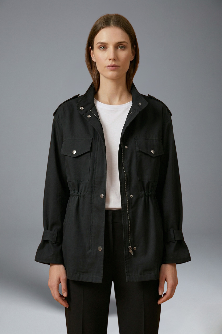 Women's belted utility jacket in black with double-breasted closure