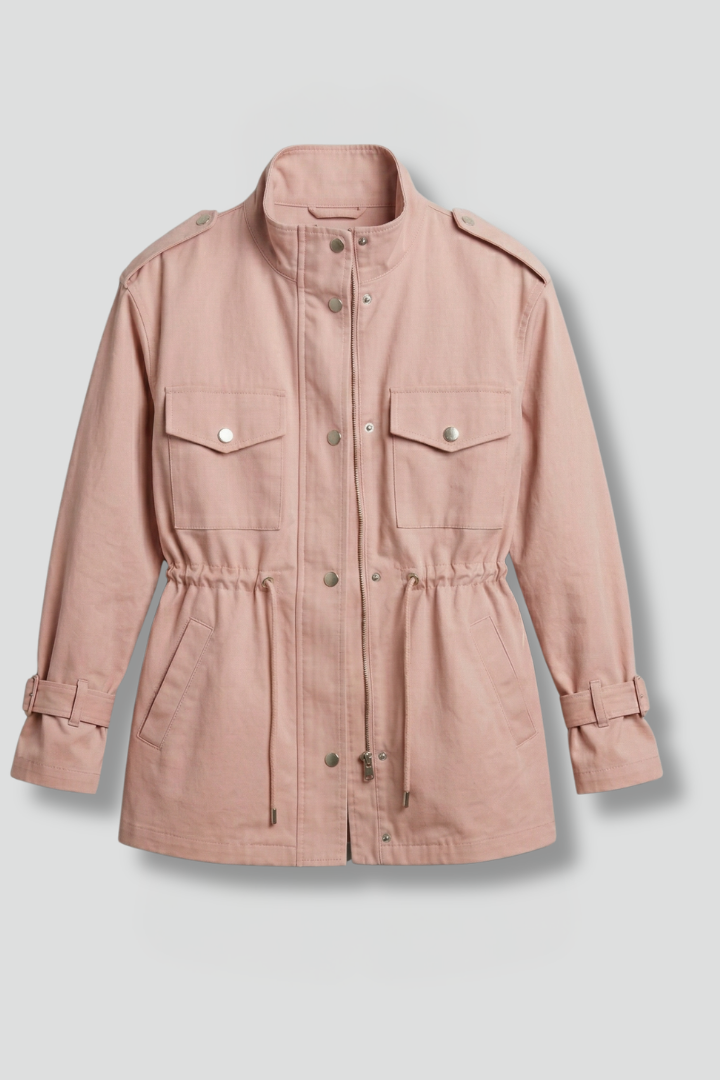 Women's belted utility jacket in pink, flat lay with double-breasted closure