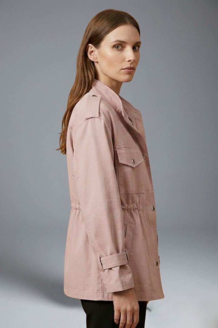 Women's belted utility jacket in pink, side view with double-breasted closure