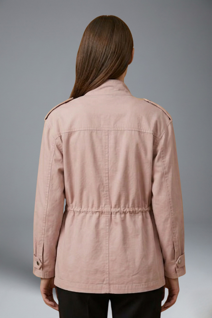 Women's belted utility jacket in pink, back view showing the belted waist