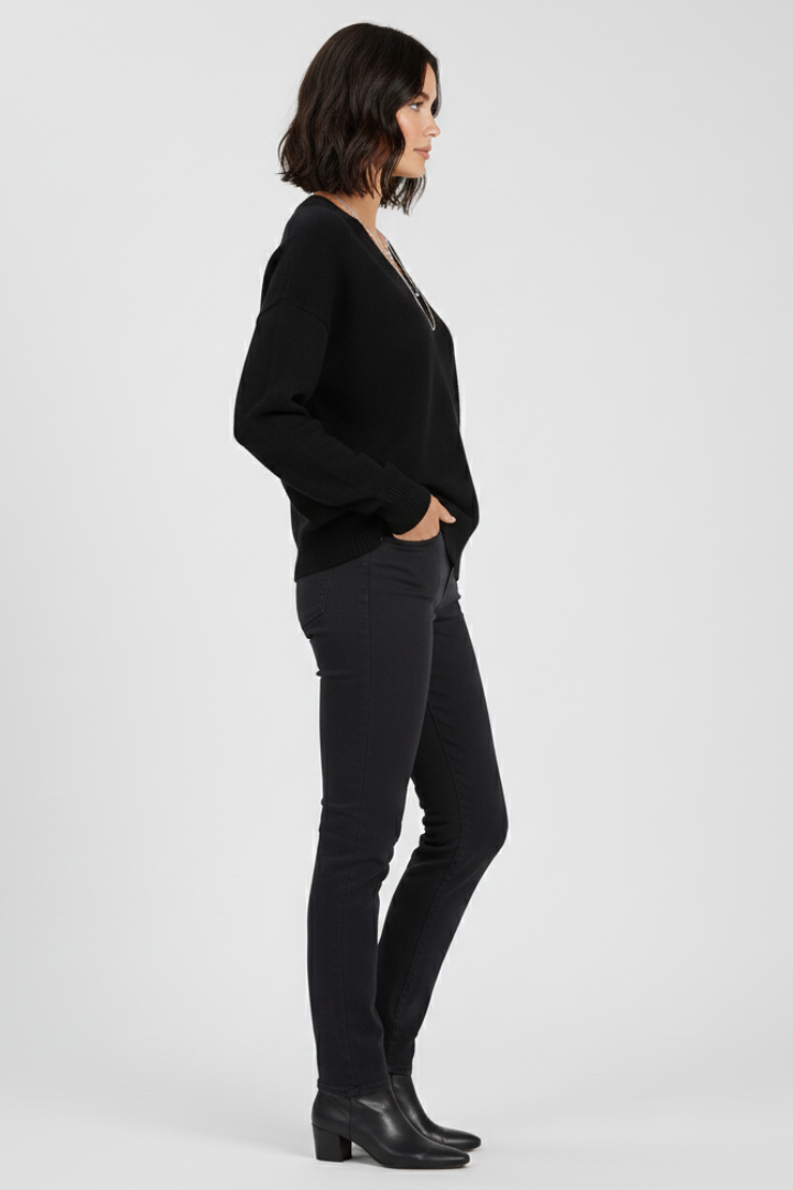 Dark grey women's V-neck jumper, straight hem detail