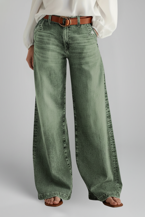Women's high-rise wide-leg denim jeans in green with a front closure