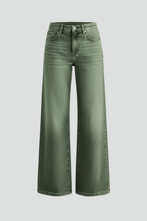 Women's high-rise wide-leg denim jeans in green with a front closure