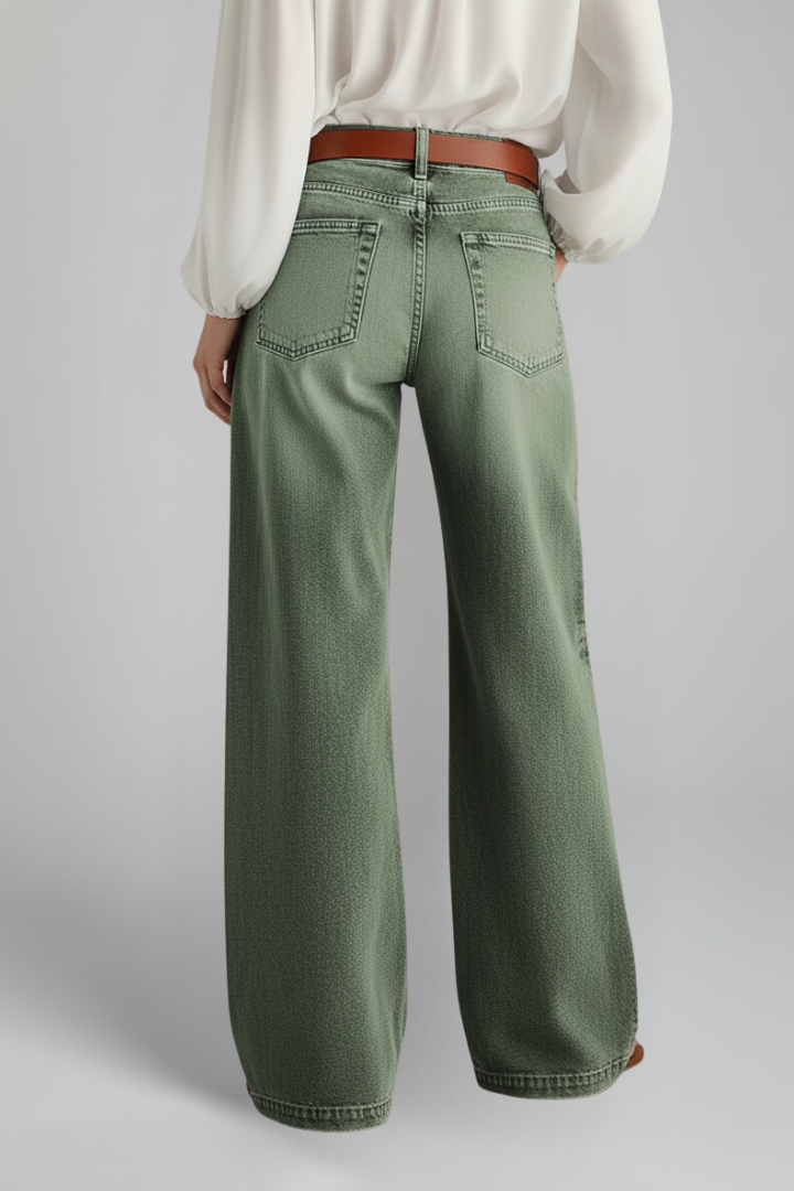 Women's high-rise wide-leg denim jeans in green with a front closure