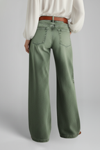 Women's high-rise wide-leg denim jeans in green with a front closure