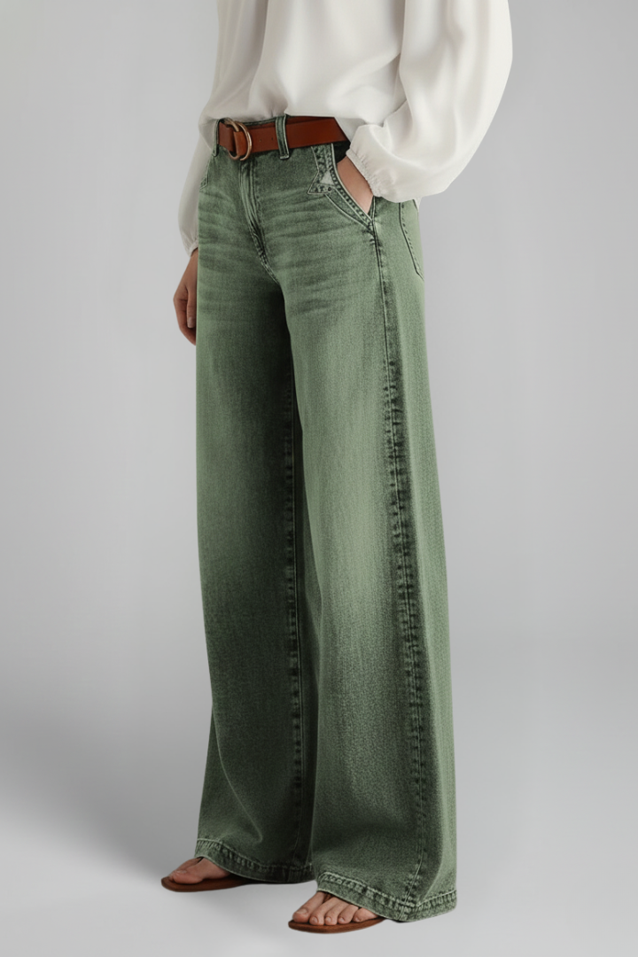 Women's high-rise wide-leg denim jeans in green with a front closure