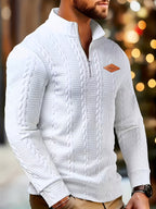 men's white textured half zip knitted jumper with a crew neck