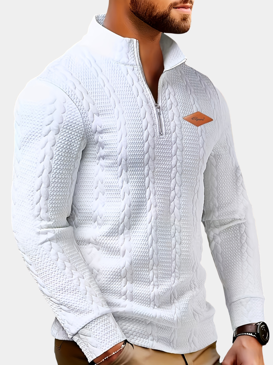 men's white textured half zip knitted jumper with a crew neck