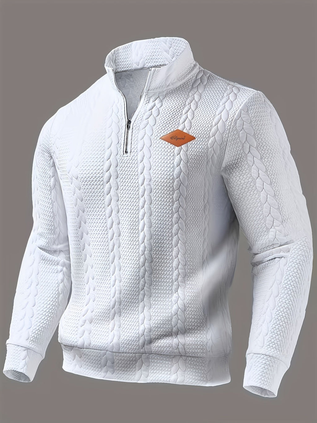 men's white textured half zip knitted jumper with a crew neck