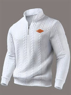 men's white textured half zip knitted jumper with a crew neck